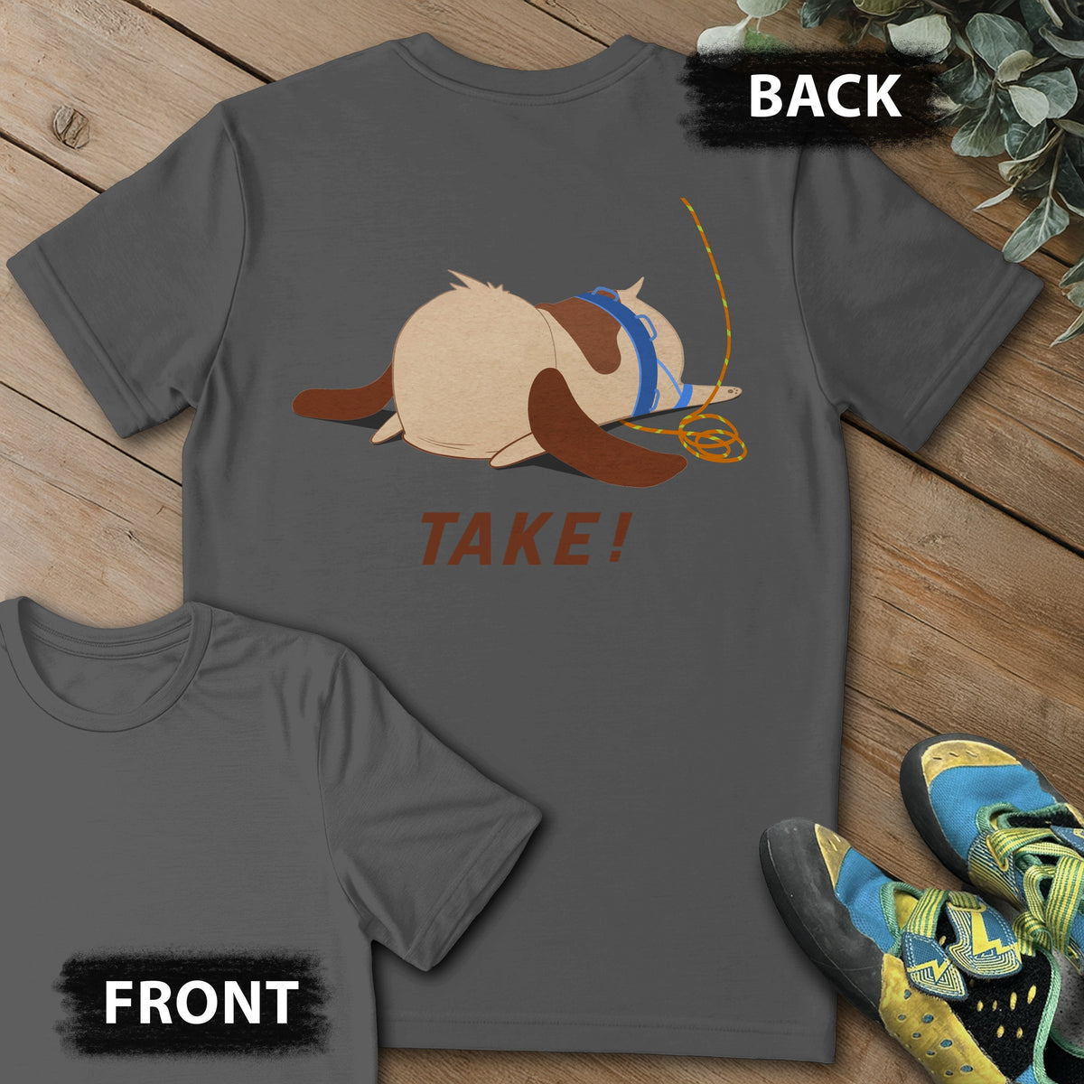 Dog TAKE Backprint Tee in Charcoal — flat lay mockup