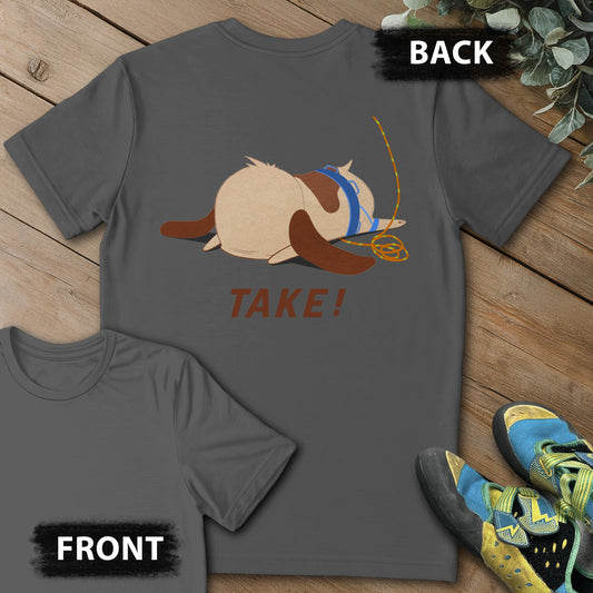 Dog TAKE Backprint Tee in Charcoal — flat lay mockup