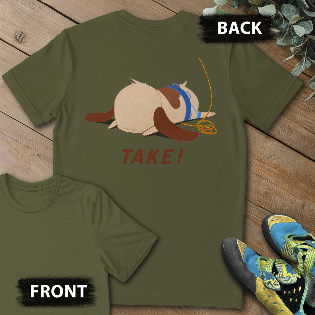 Dog TAKE Backprint Tee in Military Green — flat lay mockup