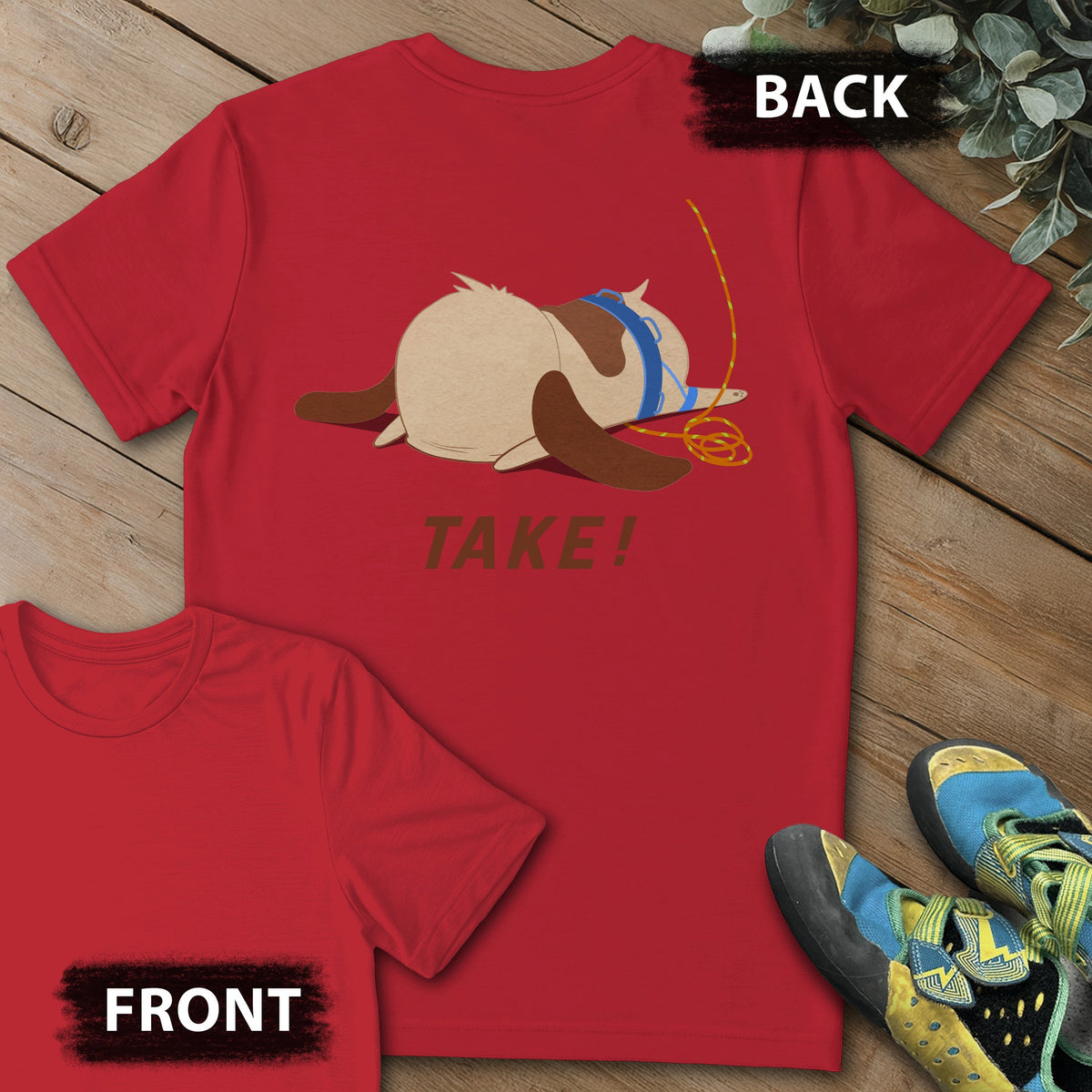 Dog TAKE Backprint Tee in Red — flat lay mockup