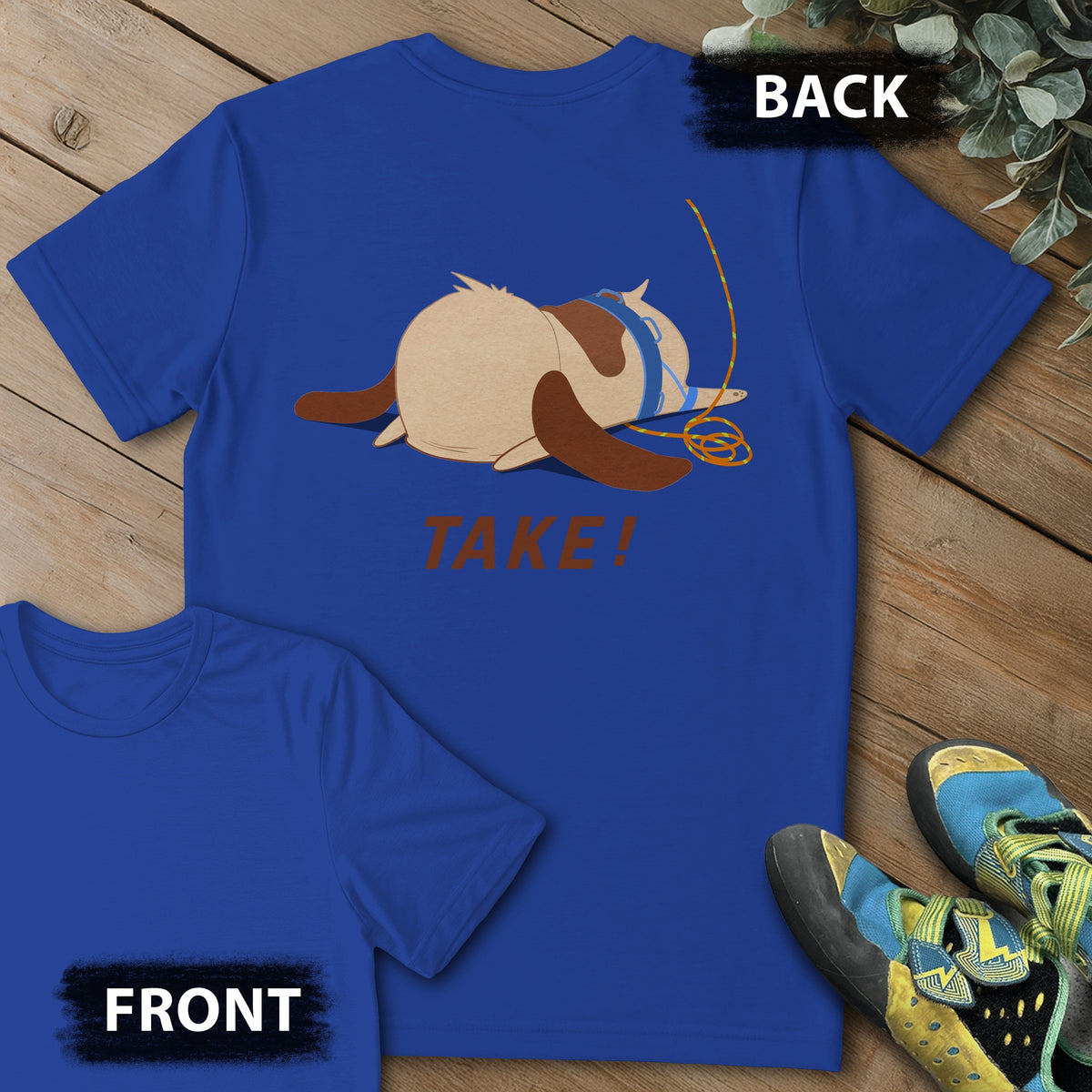 Dog TAKE Backprint Tee in Royal — flat lay mockup