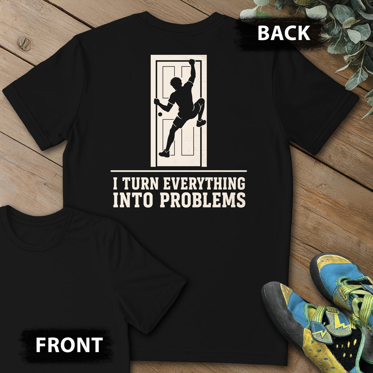 Door Problem Backprint Tee in Black — flat lay mockup