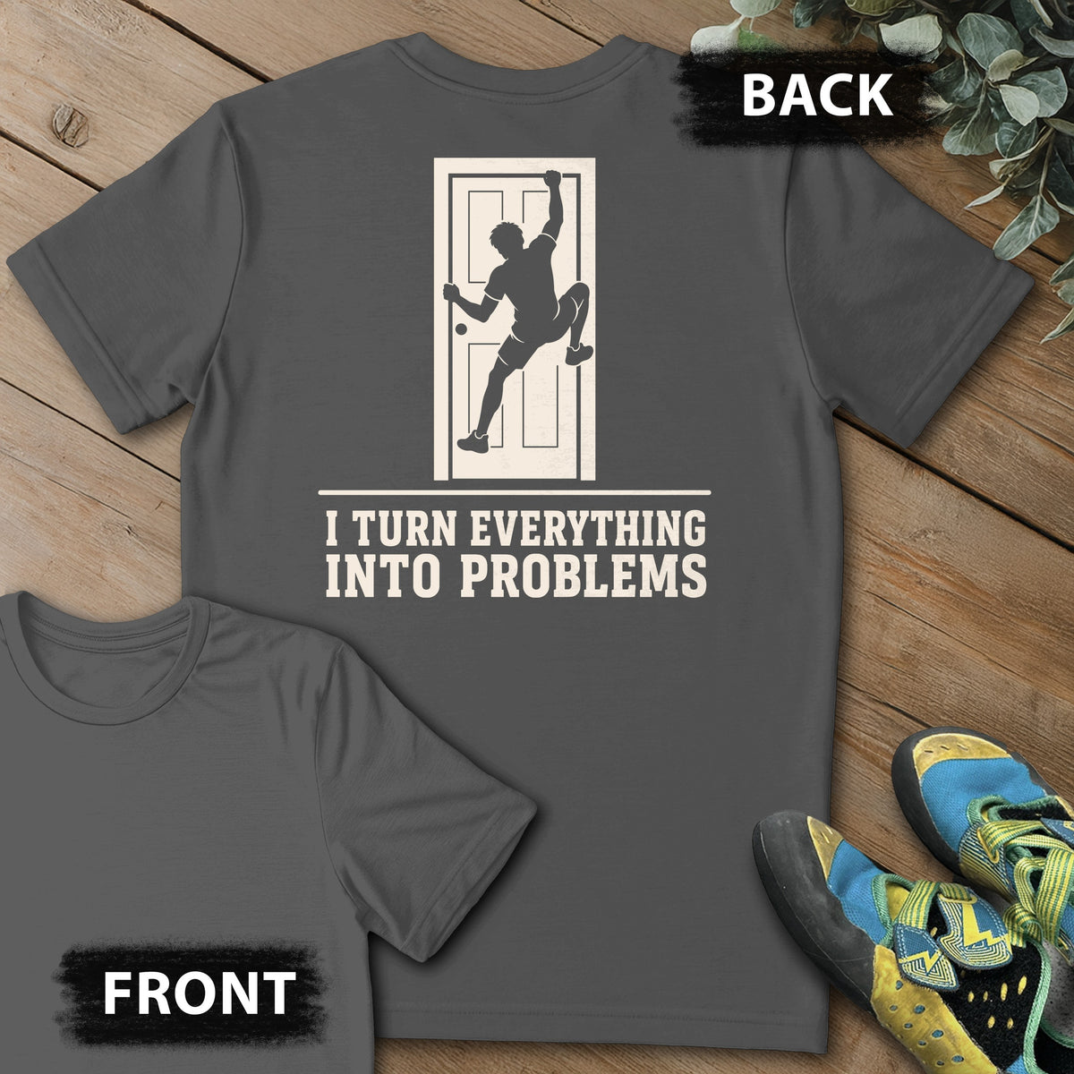 Door Problem Backprint Tee in Charcoal — flat lay mockup