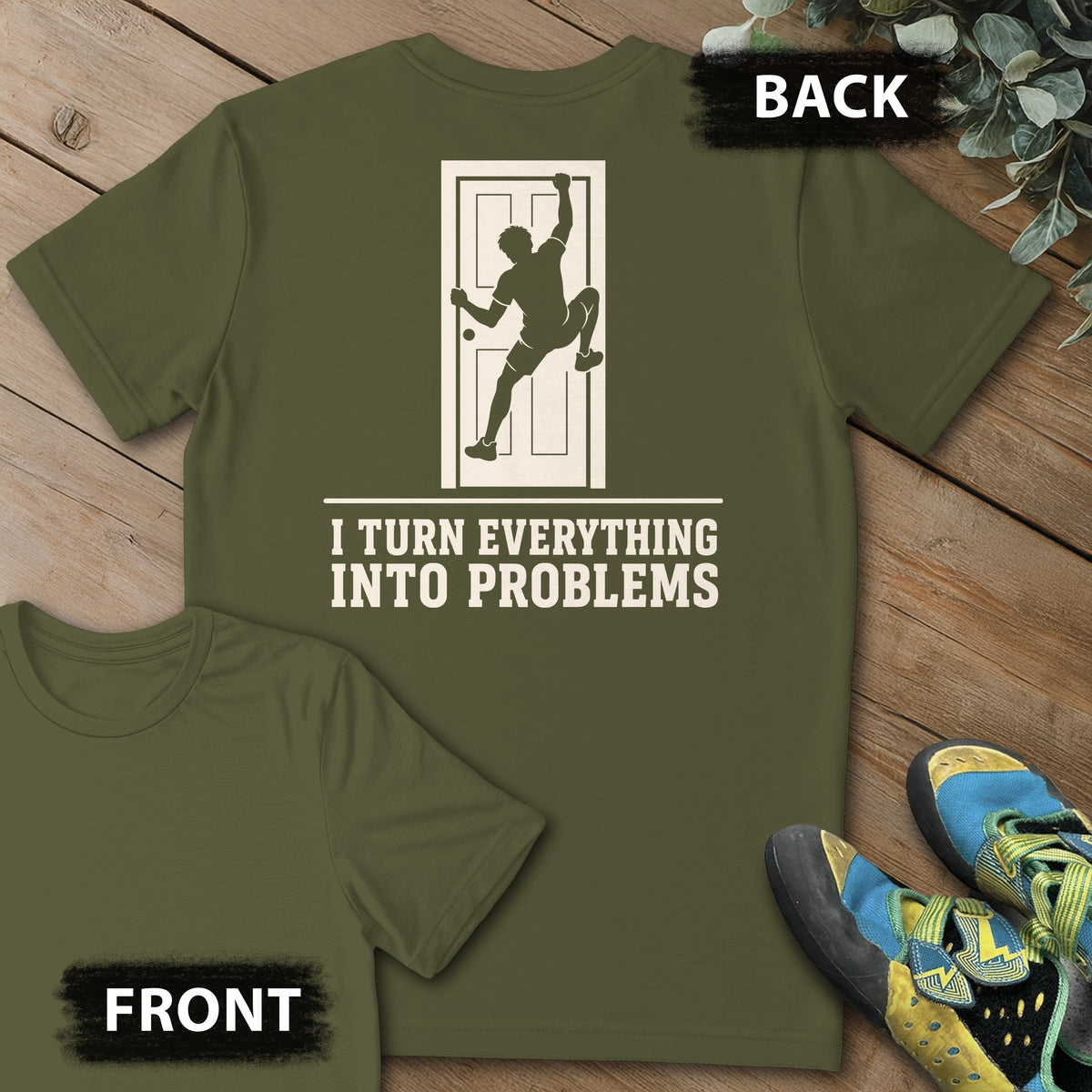 Door Problem Backprint Tee in Military Green — flat lay mockup