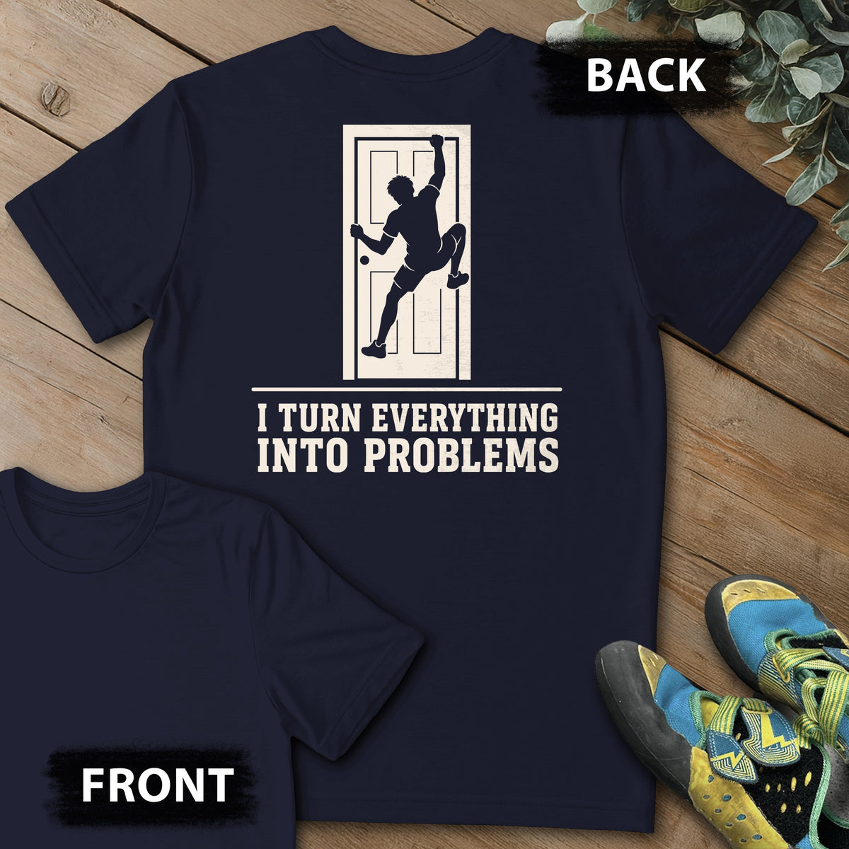 Door Problem Backprint Tee in Navy — flat lay mockup