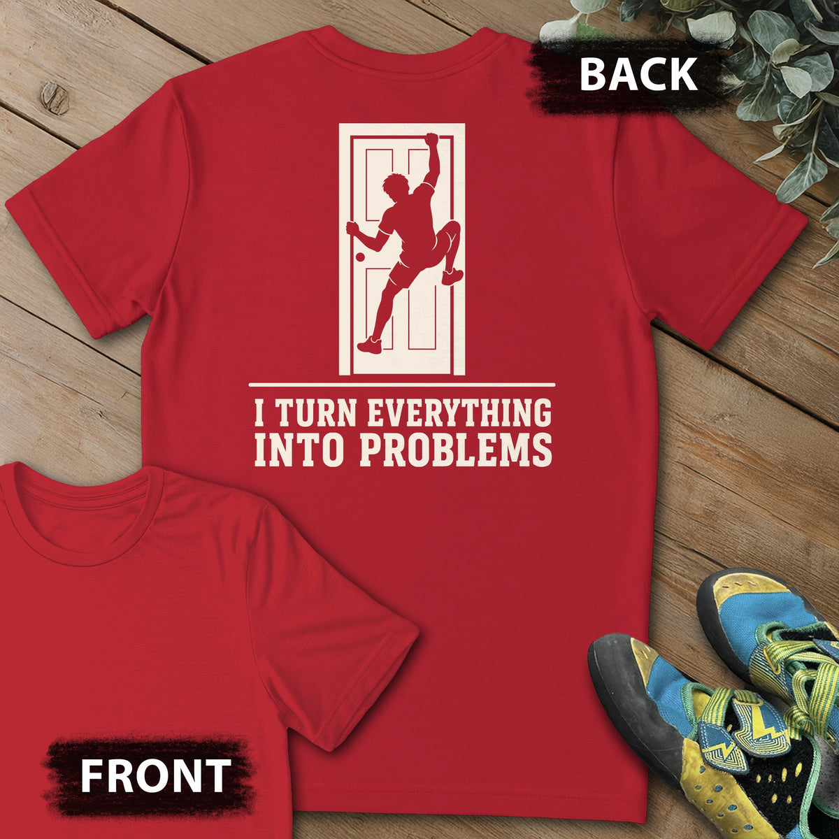 Door Problem Backprint Tee in Red — flat lay mockup