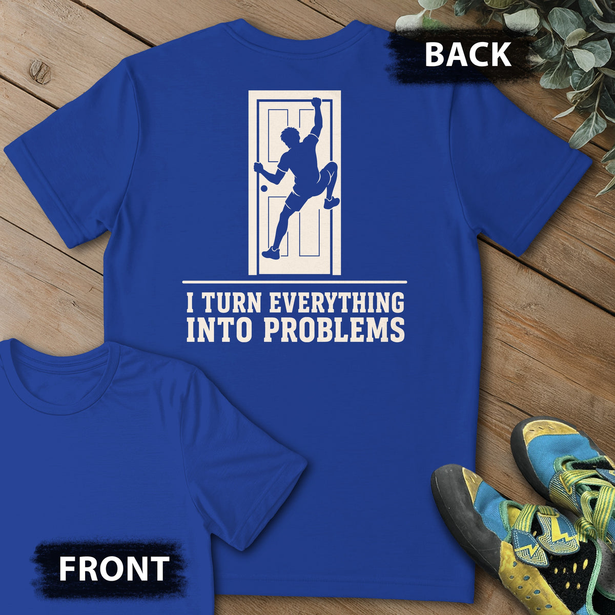 Door Problem Backprint Tee in Royal — flat lay mockup