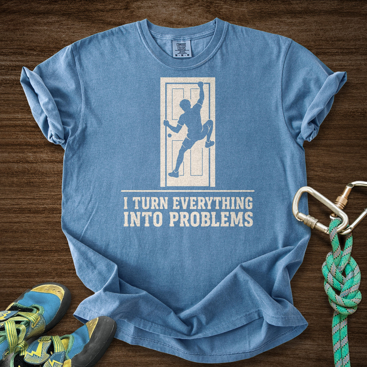 Door Problem Premium in Blue Jean — flat lay mockup