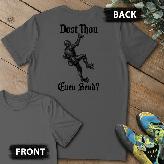 Dost Thou Send Backprint Tee in Charcoal — flat lay mockup