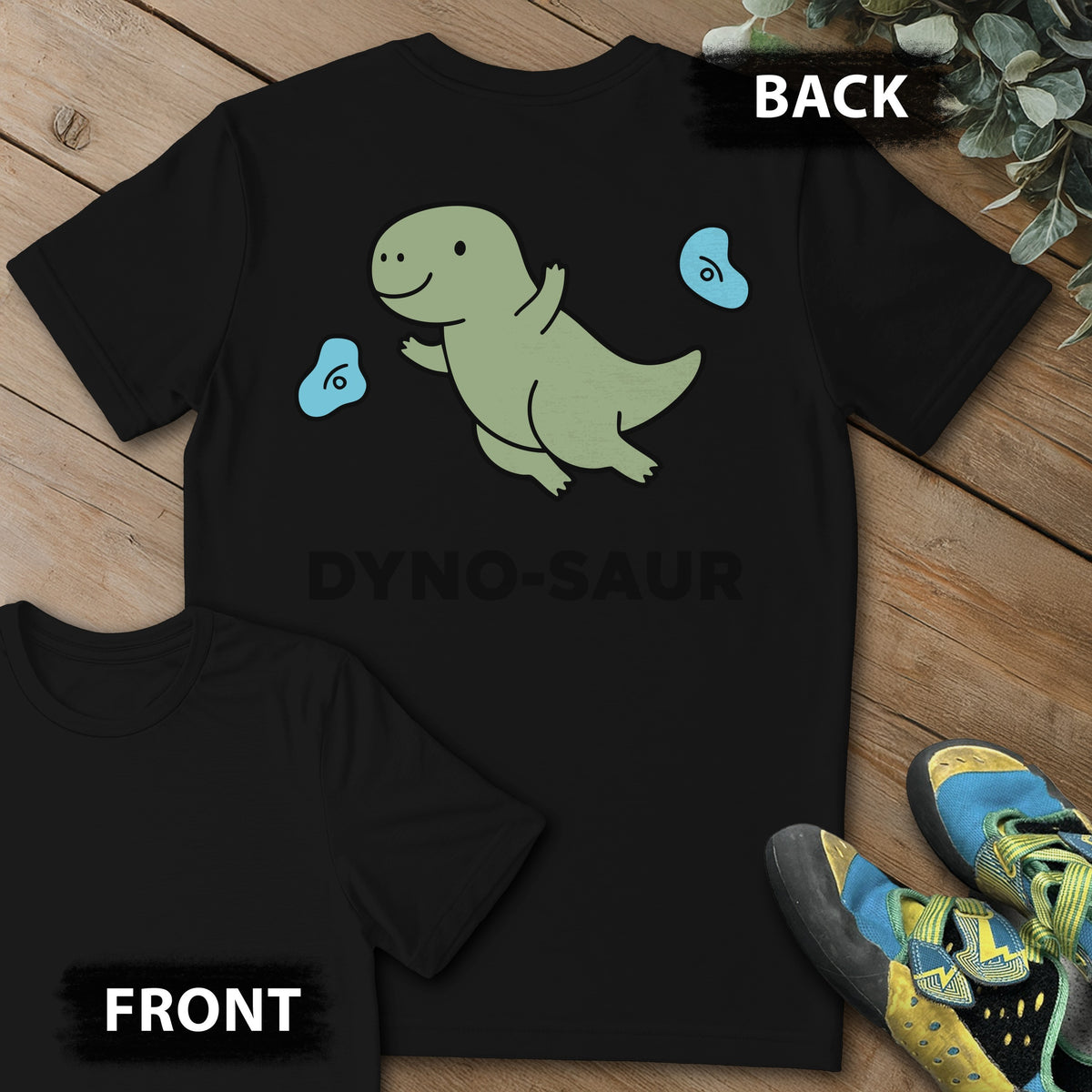 Dyno-Saur Backprint Tee in Black — flat lay mockup