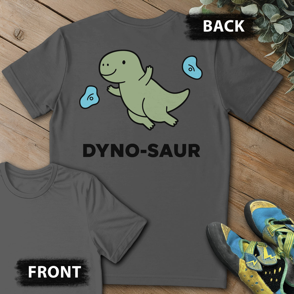Dyno-Saur Backprint Tee in Charcoal — flat lay mockup