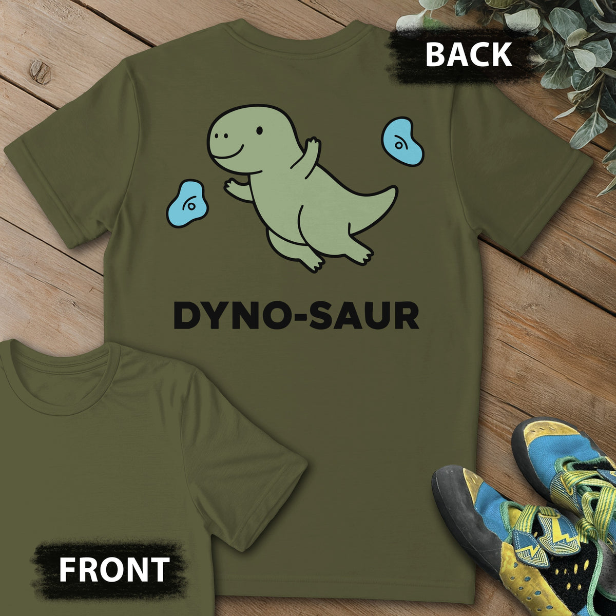 Dyno-Saur Backprint Tee in Military Green — flat lay mockup