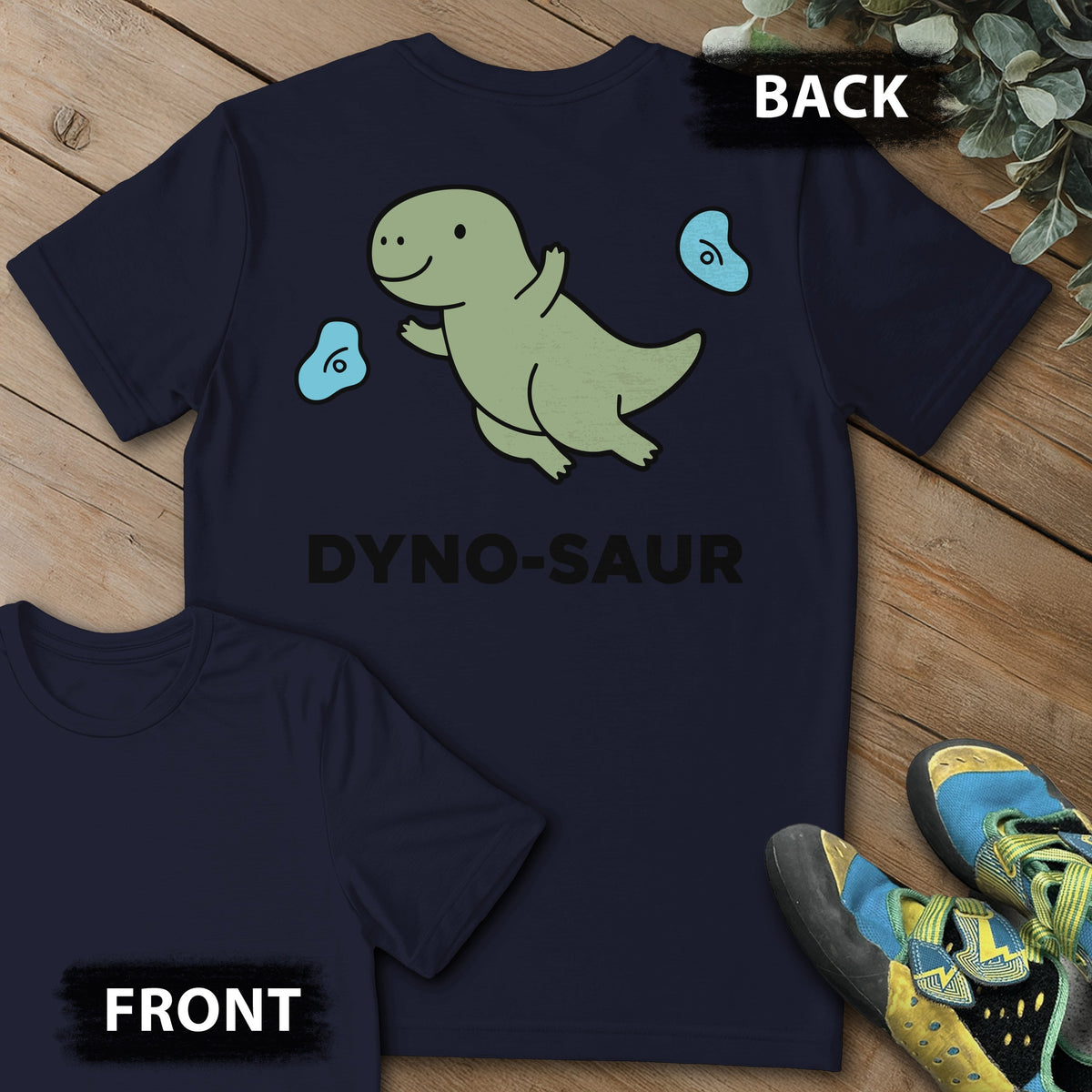 Dyno-Saur Backprint Tee in Navy — flat lay mockup