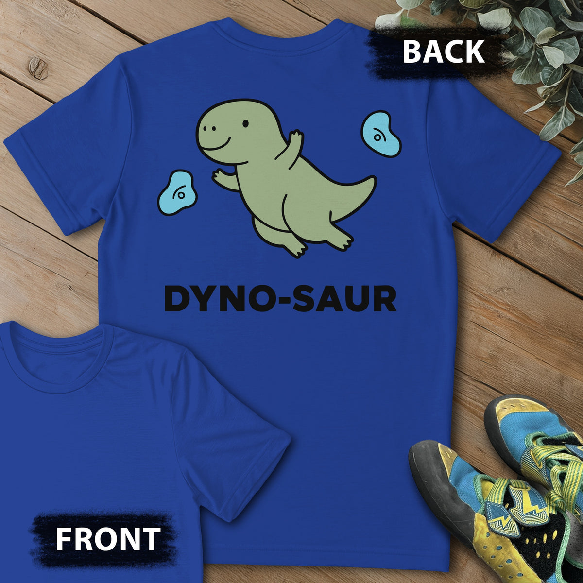 Dyno-Saur Backprint Tee in Royal — flat lay mockup