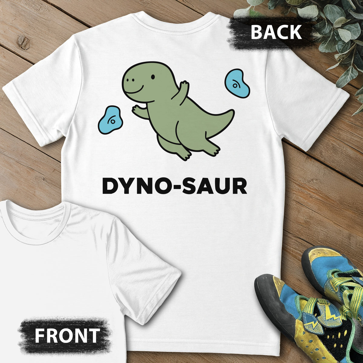 Dyno-Saur Backprint Tee in White — flat lay mockup