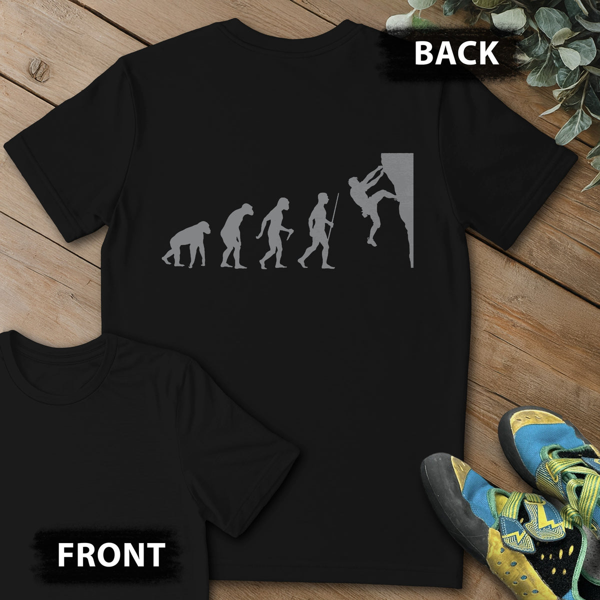 Evolution of Climber Backprint Tee in Black — flat lay mockup