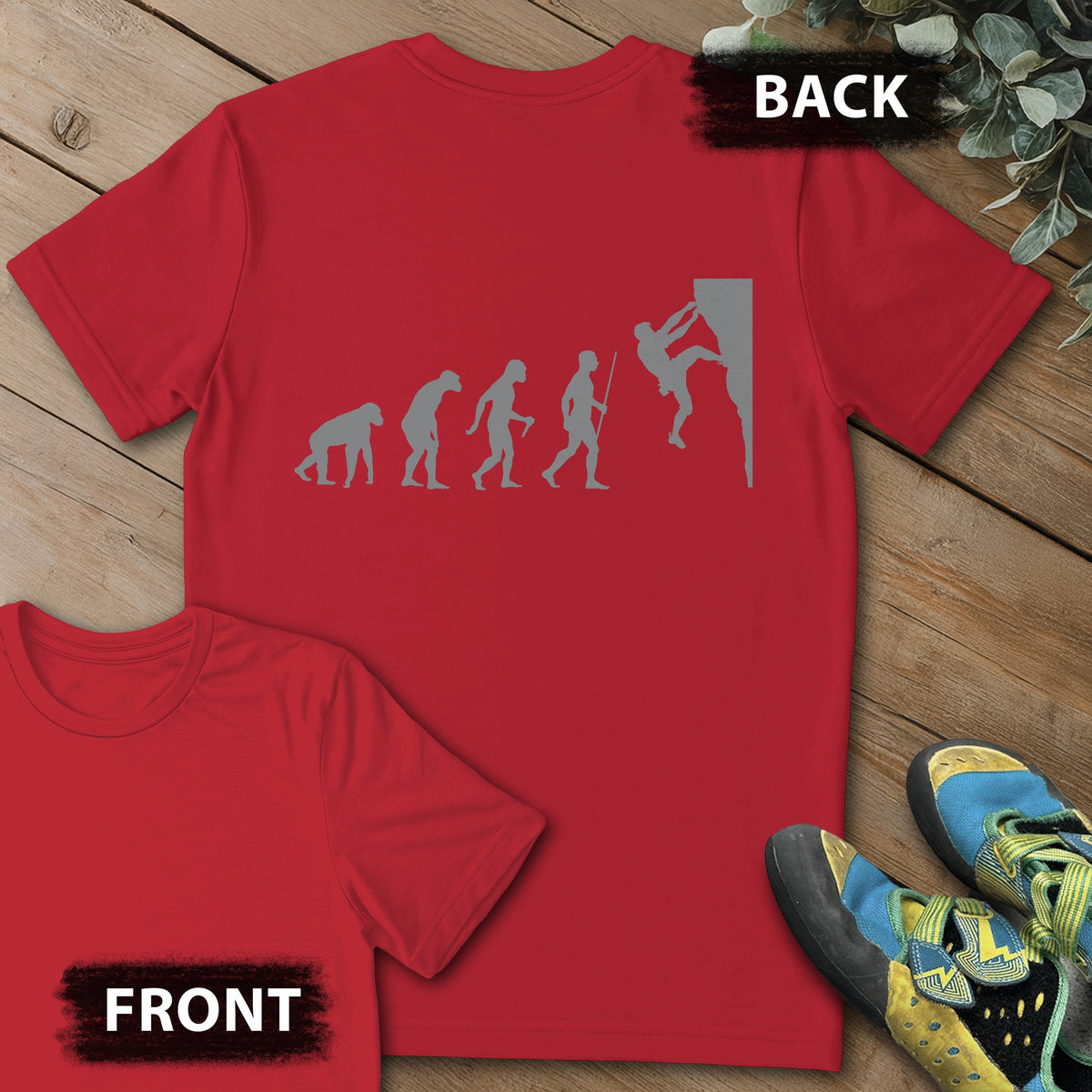 Evolution of Climber Backprint Tee in Red — flat lay mockup