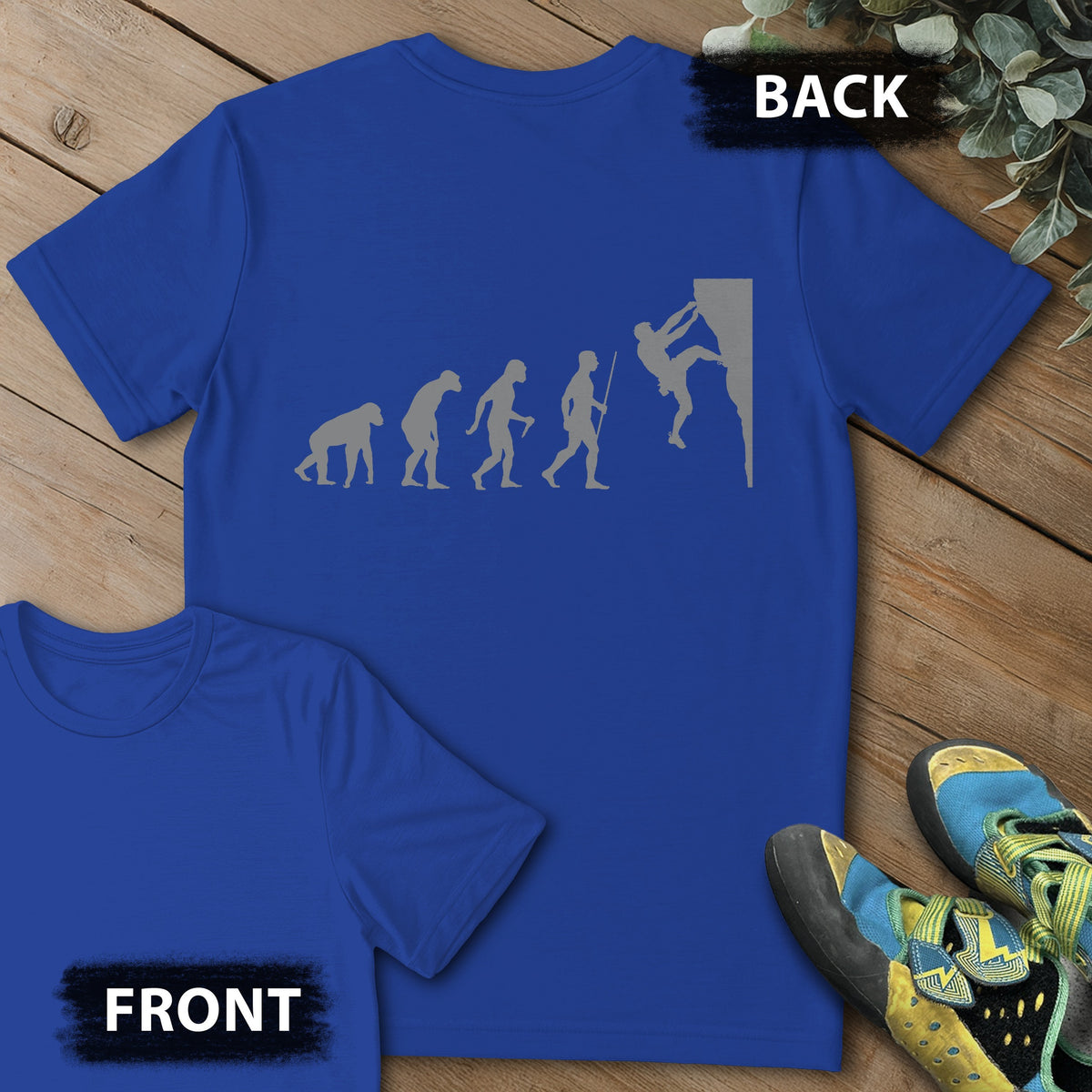 Evolution of Climber Backprint Tee in Royal — flat lay mockup
