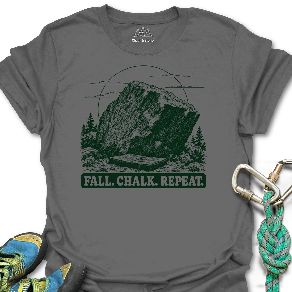 Fall Chalk Repeat Tee in Charcoal — flat lay mockup