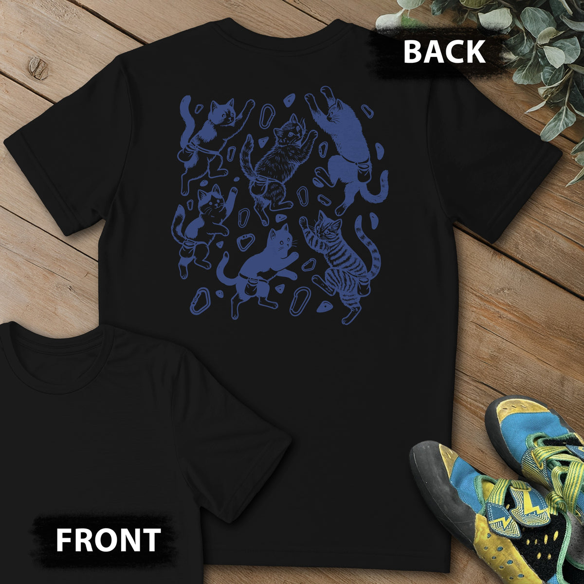 Floating Cat Climb Backprint Tee in Black — flat lay mockup