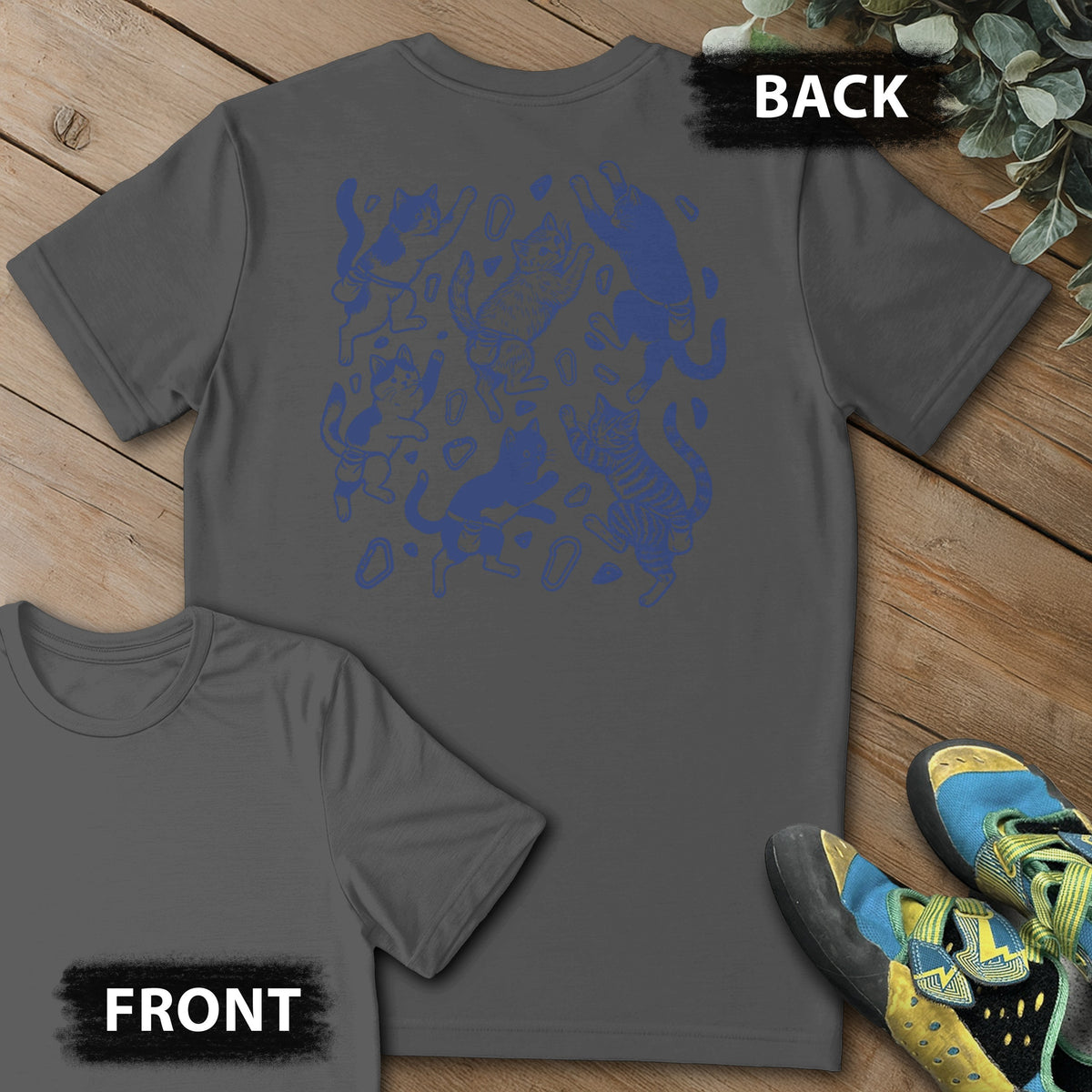 Floating Cat Climb Backprint Tee in Charcoal — flat lay mockup