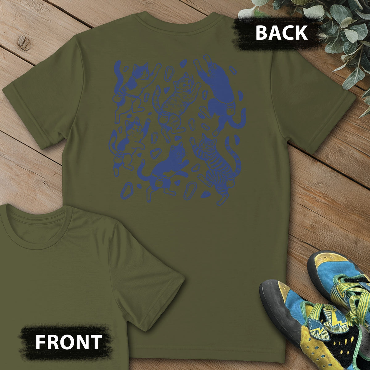 Floating Cat Climb Backprint Tee in Military Green — flat lay mockup
