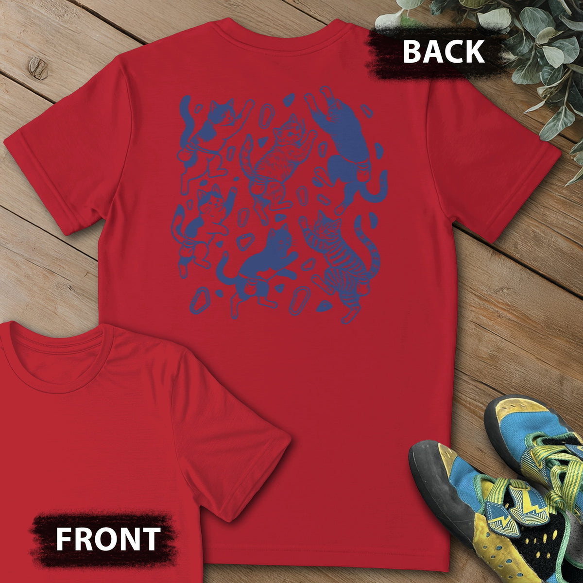 Floating Cat Climb Backprint Tee in Red — flat lay mockup