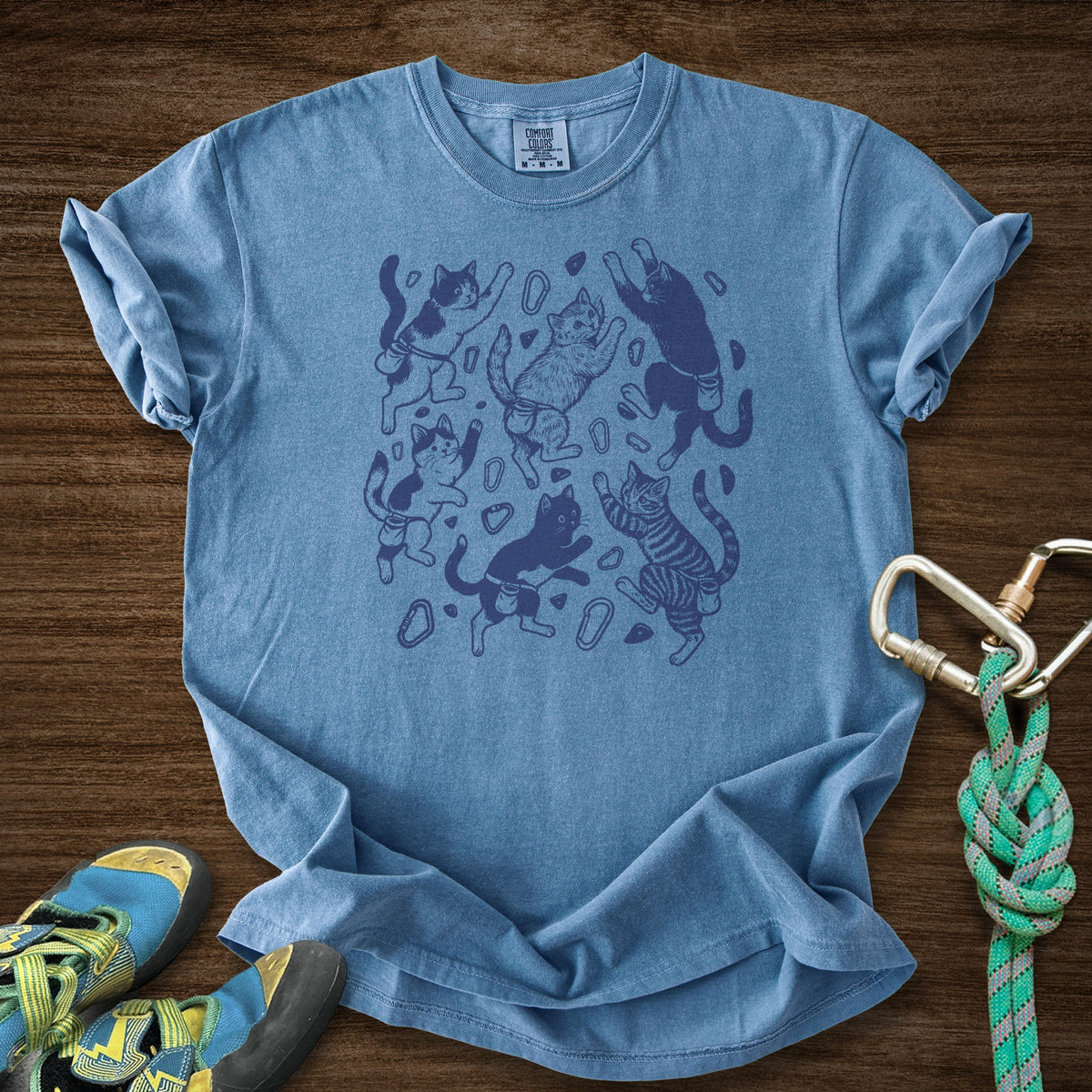 Floating Cat Climb Premium in Blue Jean — flat lay mockup