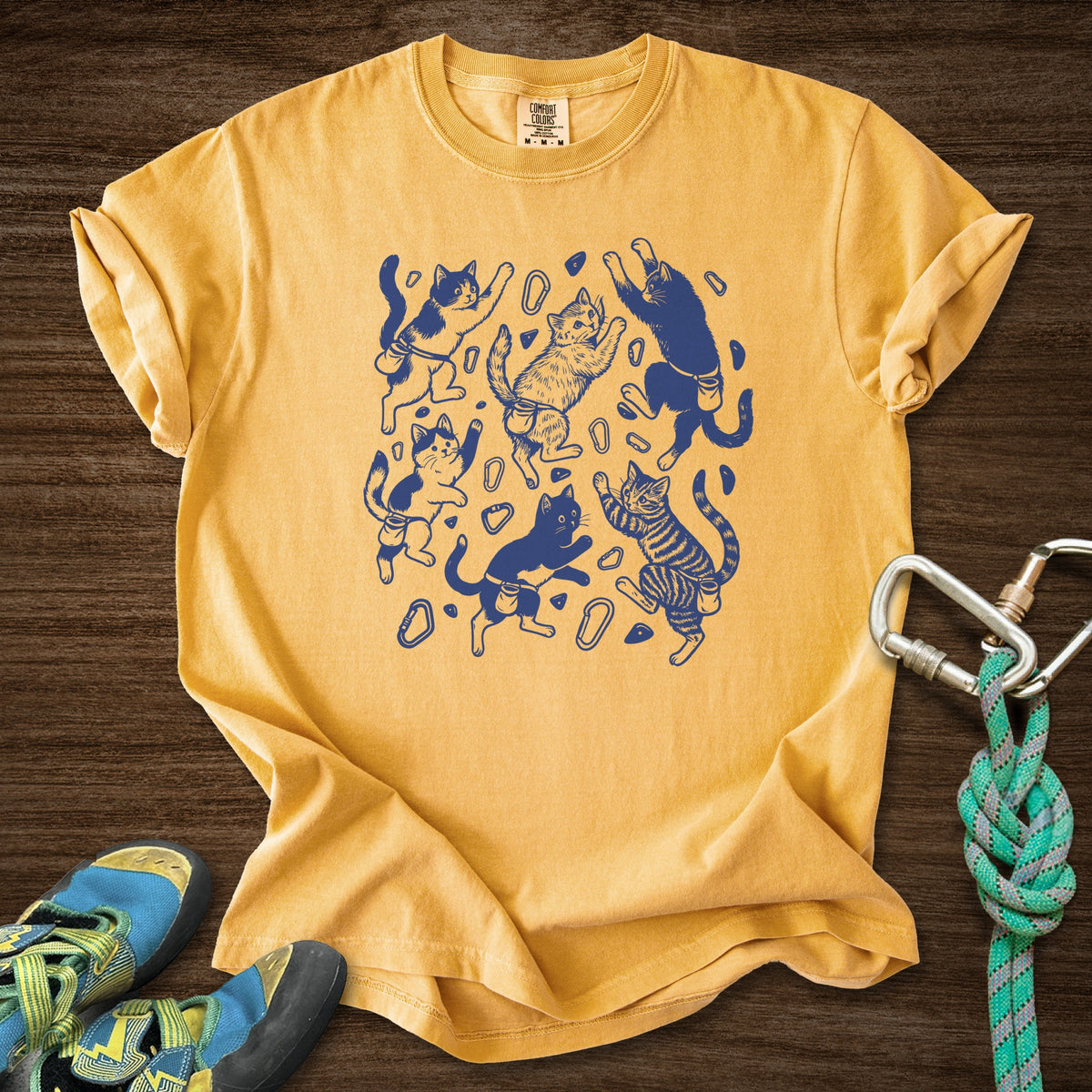 Floating Cat Climb Premium in Mustard — flat lay mockup