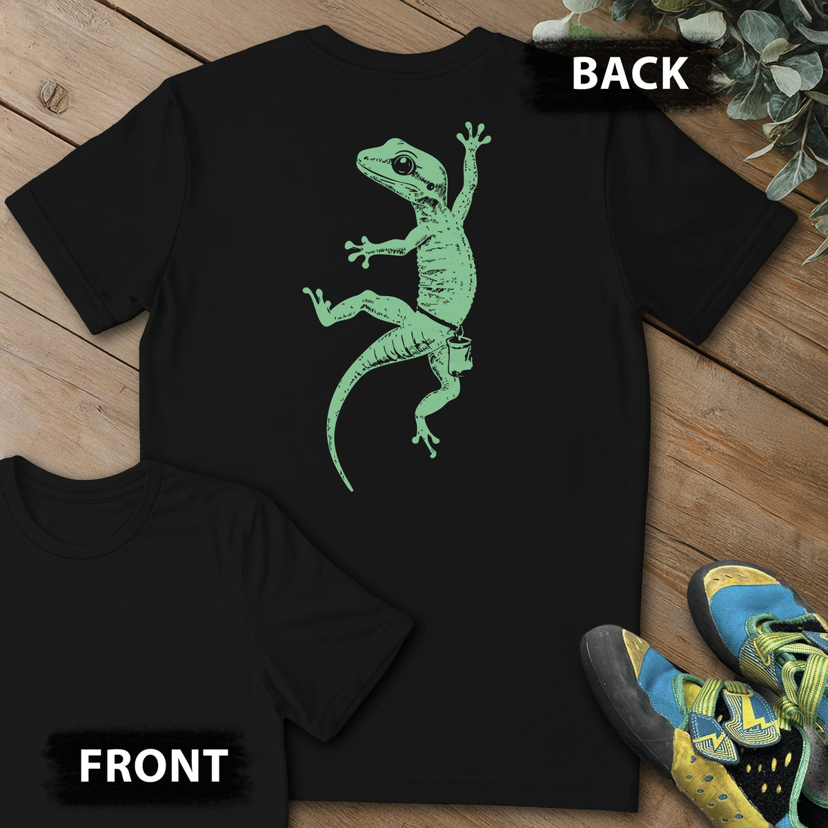 Gecko Climb Backprint Tee in Black — flat lay mockup