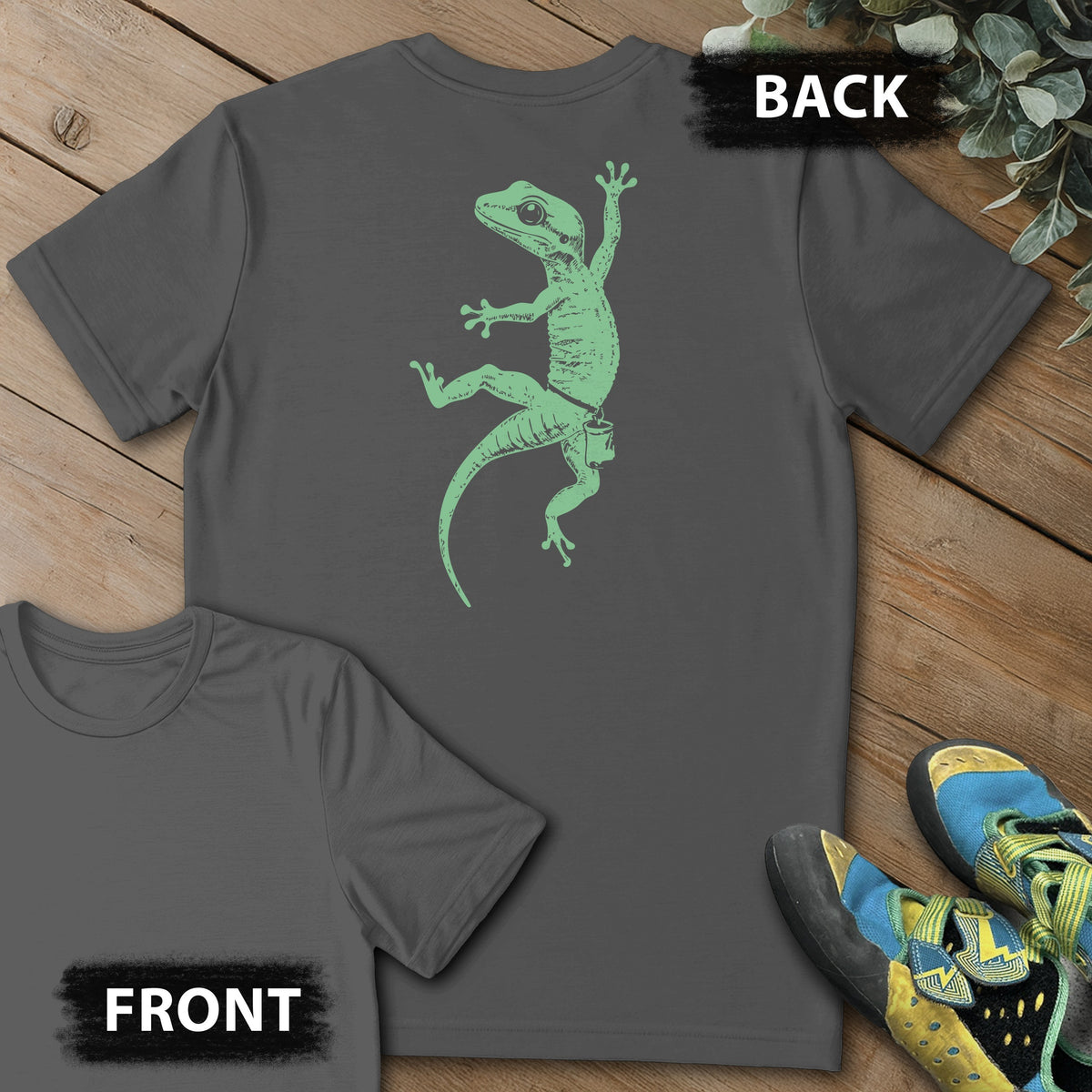 Gecko Climb Backprint Tee in Charcoal — flat lay mockup