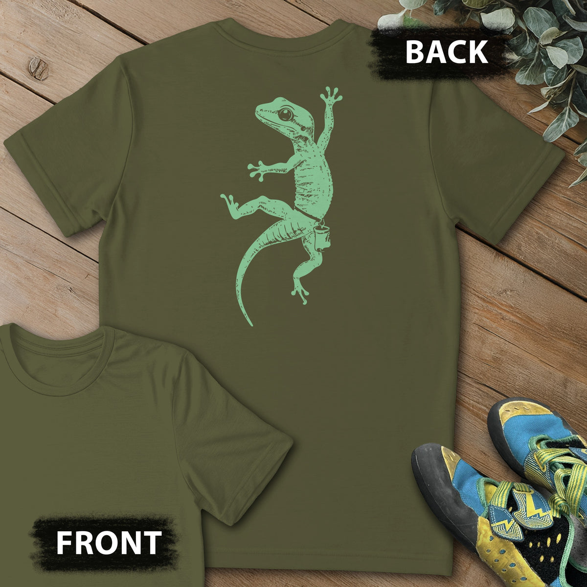 Gecko Climb Backprint Tee in Military Green — flat lay mockup