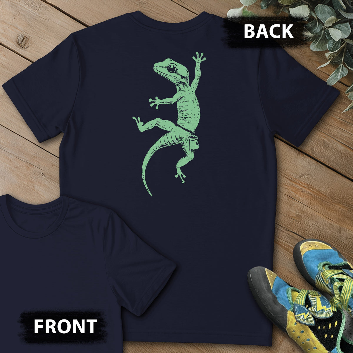 Gecko Climb Backprint Tee in Navy — flat lay mockup
