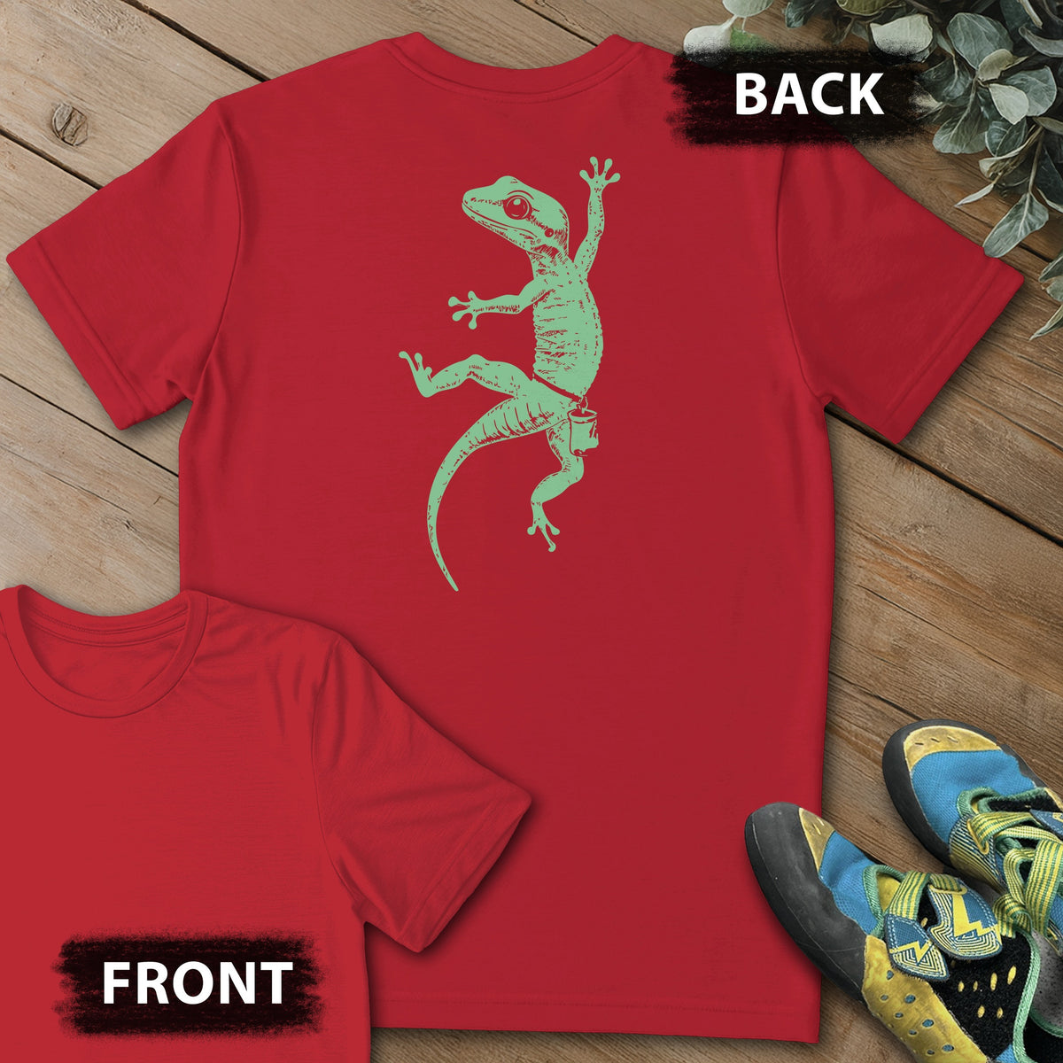 Gecko Climb Backprint Tee in Red — flat lay mockup