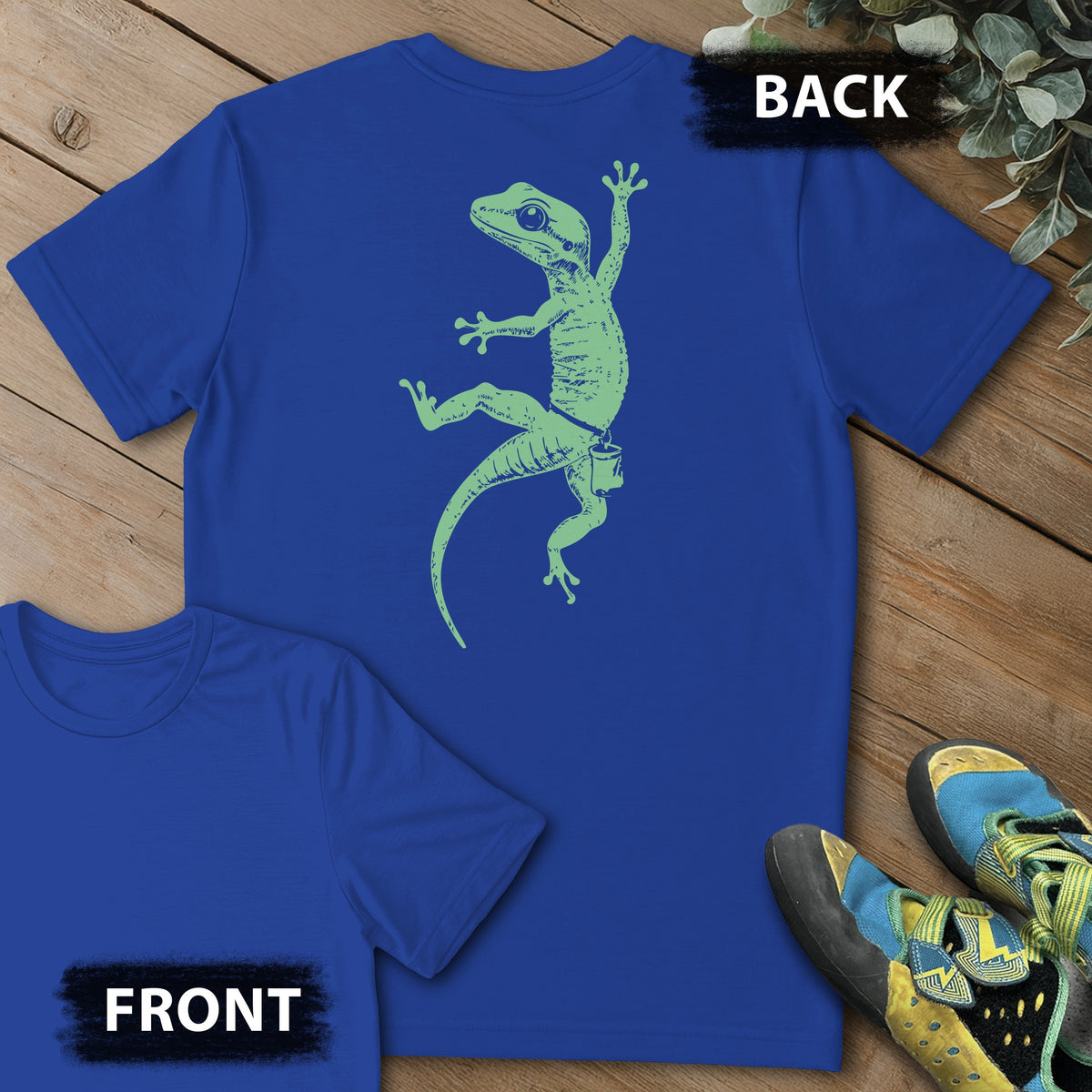 Gecko Climb Backprint Tee in Royal — flat lay mockup
