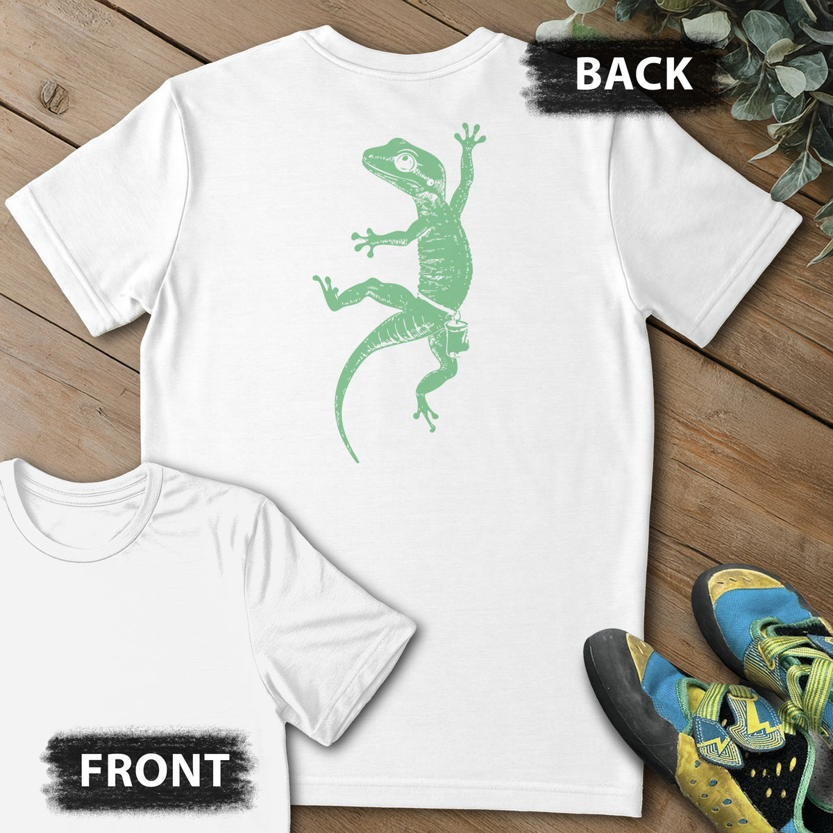 Gecko Climb Backprint Tee in White — flat lay mockup