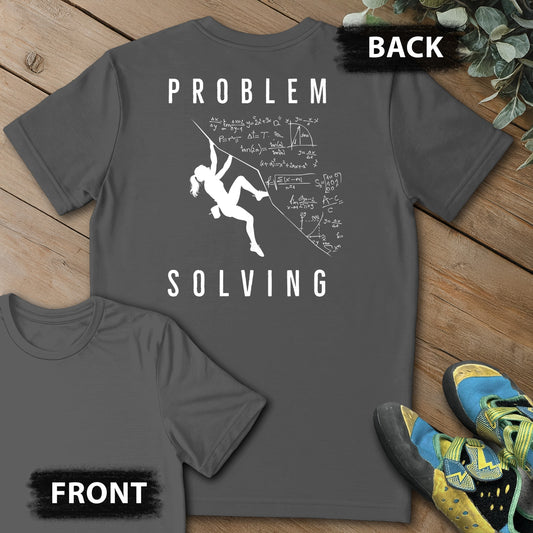 Girl Problem Solving Project Backprint Tee in Charcoal — flat lay mockup