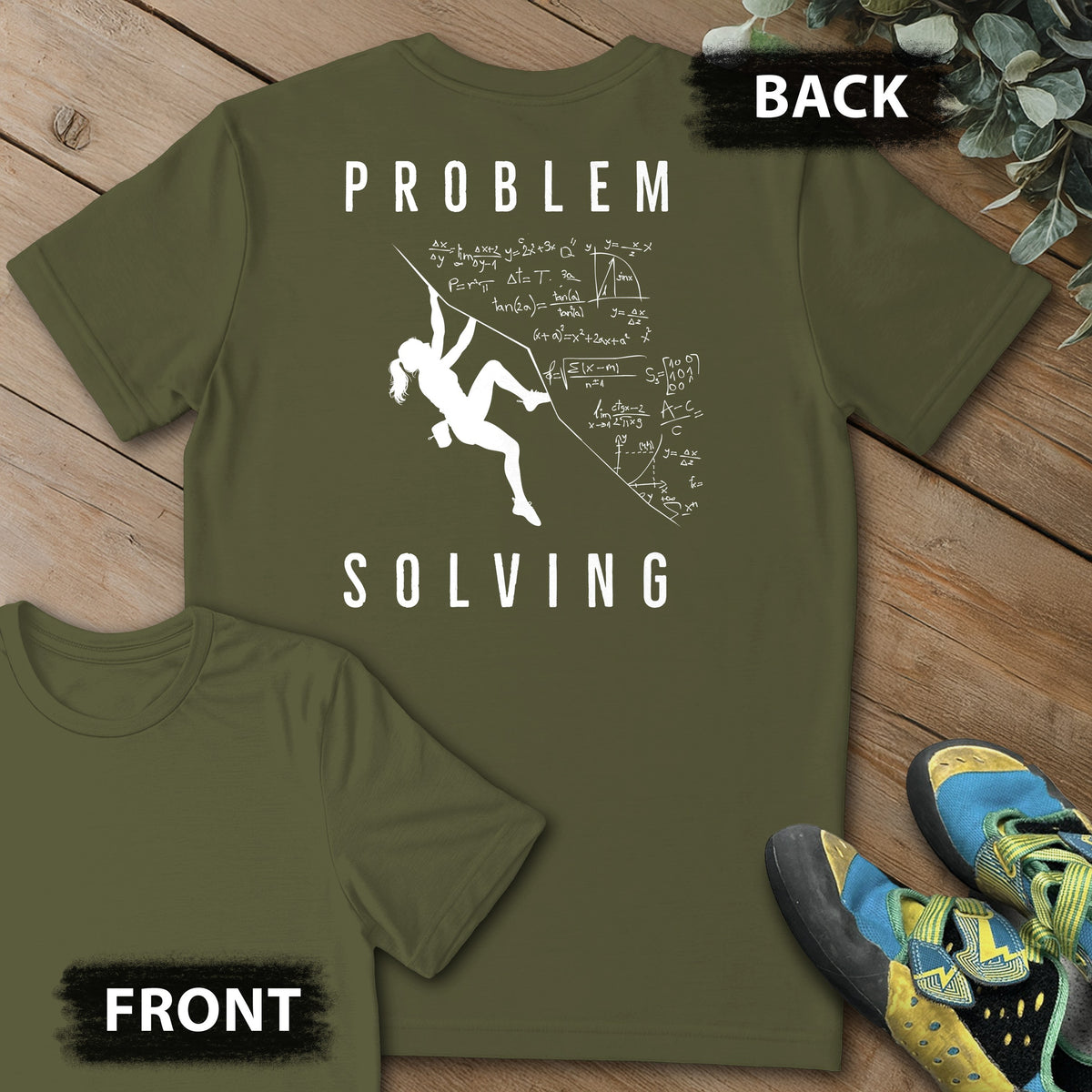 Girl Problem Solving Project Backprint Tee in Military Green — flat lay mockup