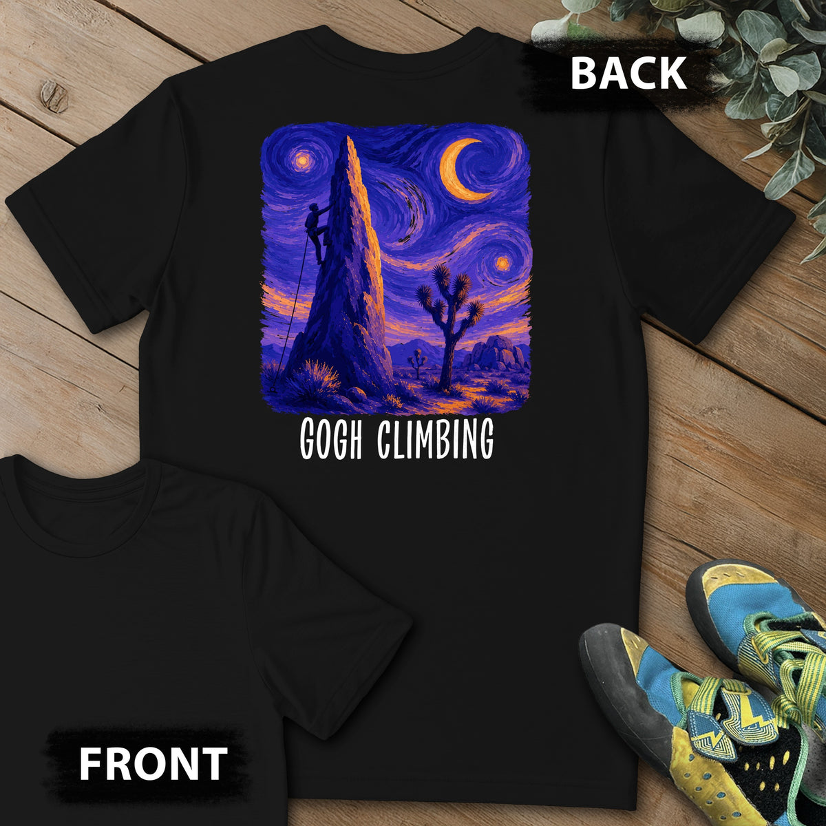 Gogh Climbing Backprint Tee in Black — flat lay mockup