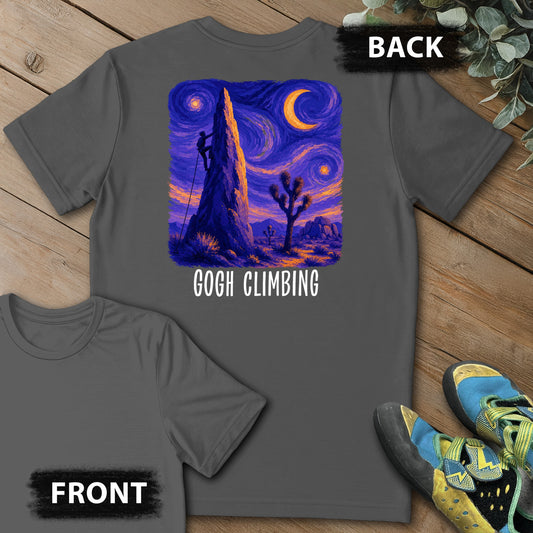 Gogh Climbing Backprint Tee in Charcoal — flat lay mockup