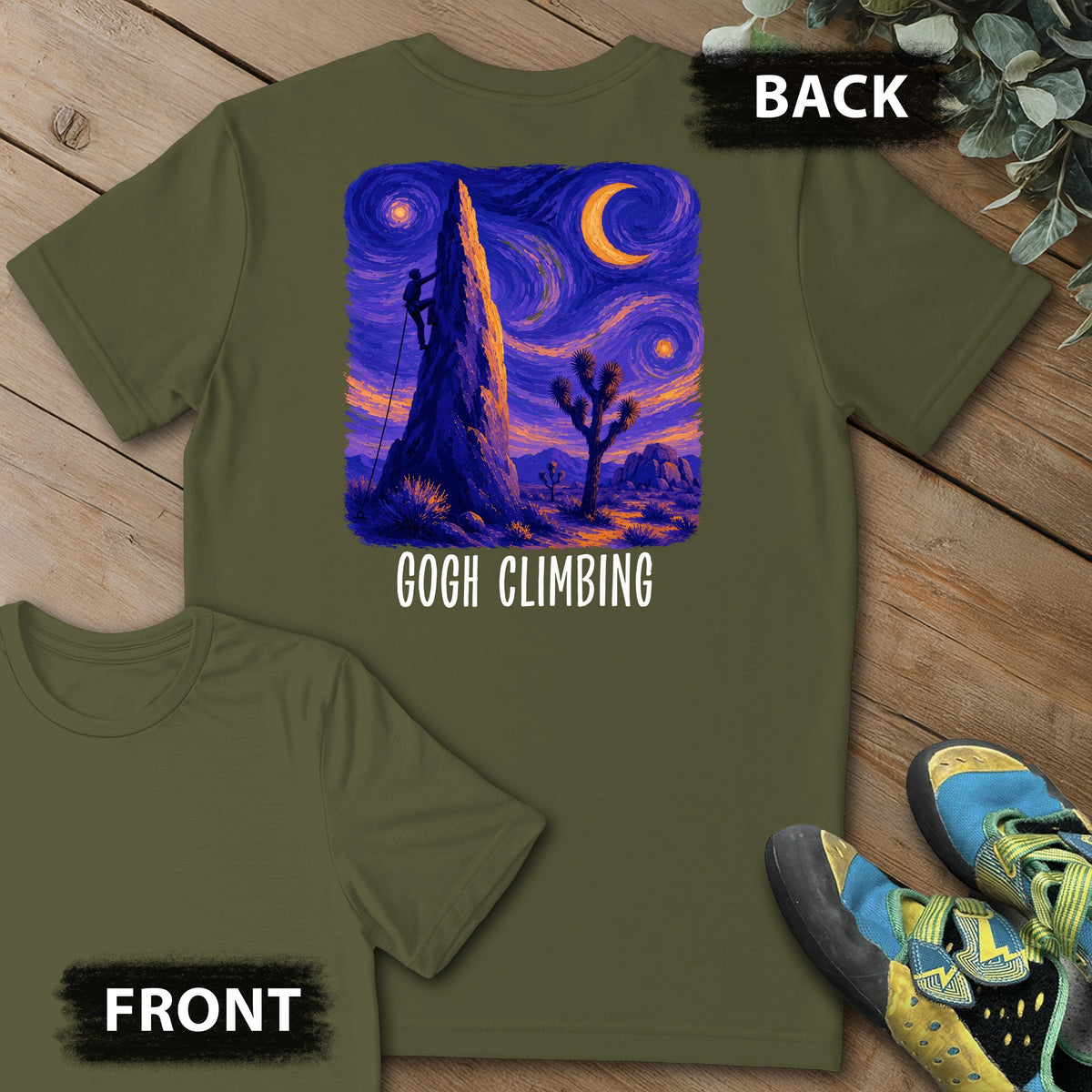 Gogh Climbing Backprint Tee in Military Green — flat lay mockup