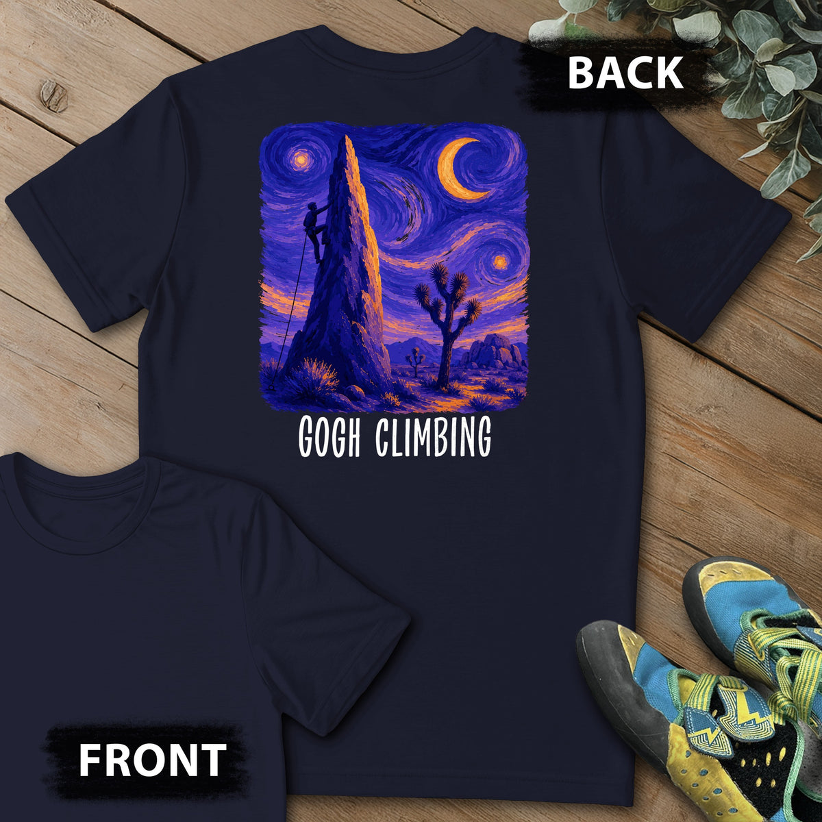 Gogh Climbing Backprint Tee in Navy — flat lay mockup