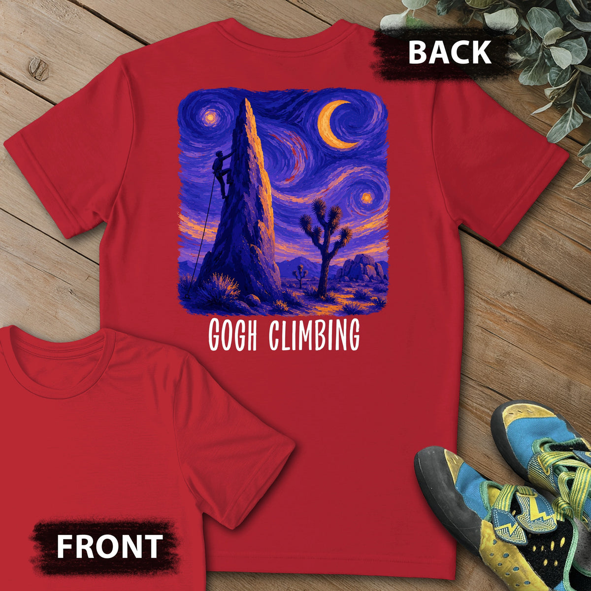 Gogh Climbing Backprint Tee in Red — flat lay mockup
