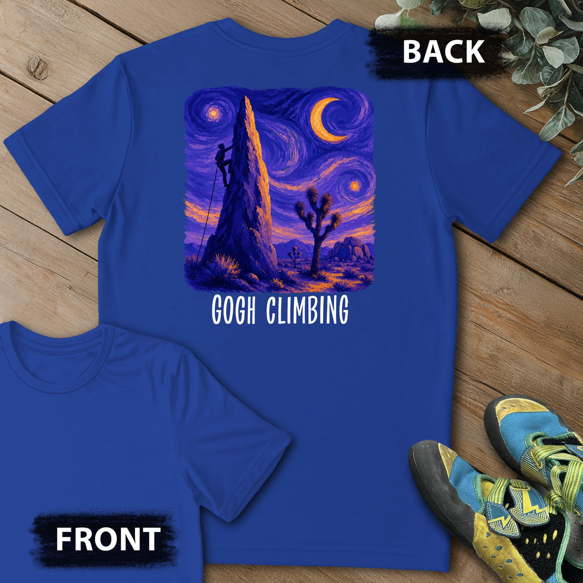 Gogh Climbing Backprint Tee in Royal — flat lay mockup