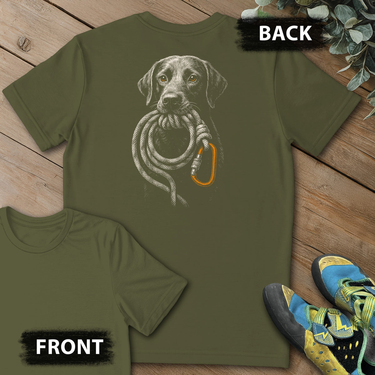 Good Doggo Backprint Tee in Military Green — flat lay mockup