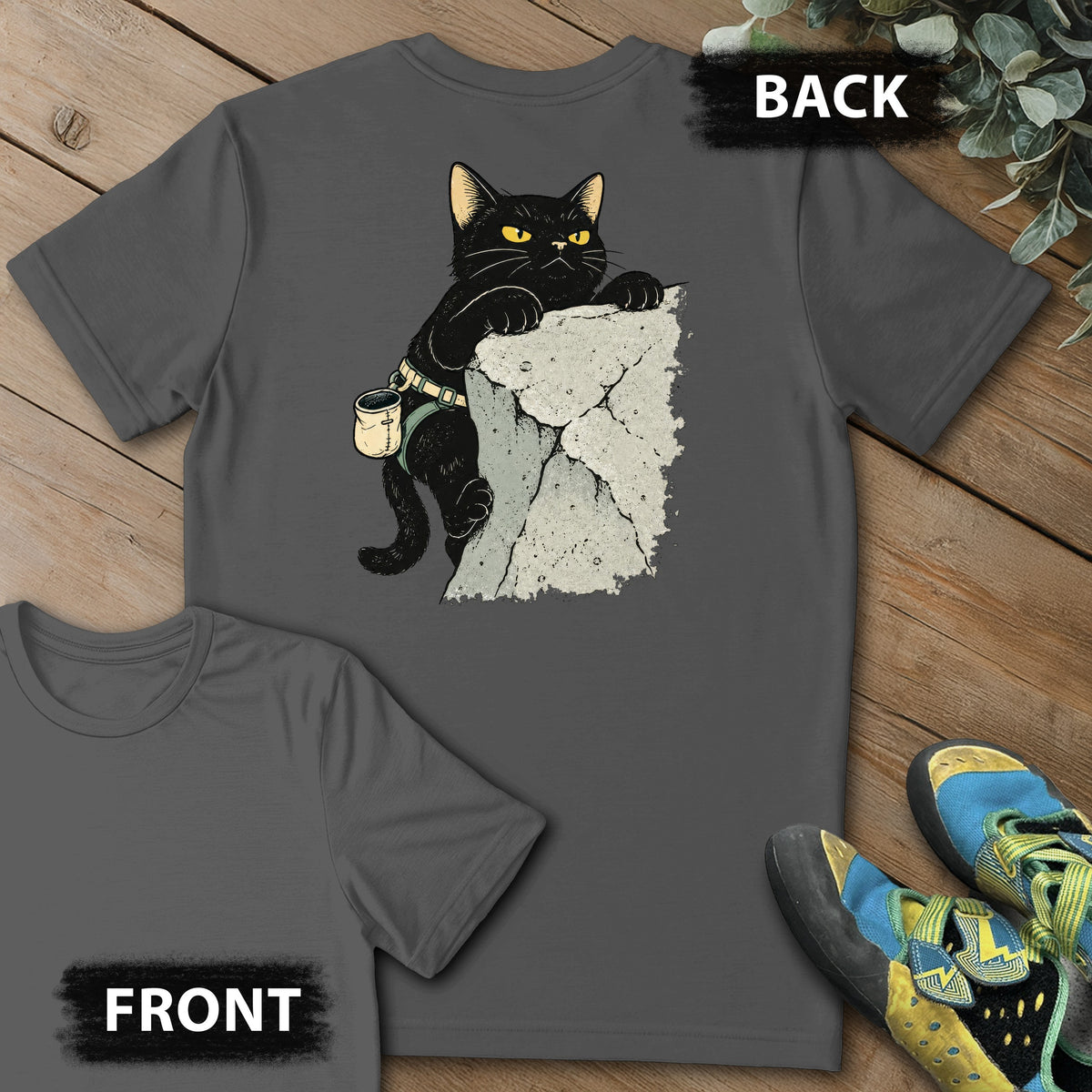 Grumpy Cat Top Out Backprint Tee in Charcoal — flat lay mockup
