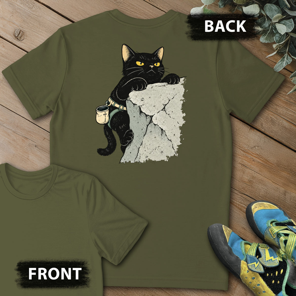 Grumpy Cat Top Out Backprint Tee in Military Green — flat lay mockup