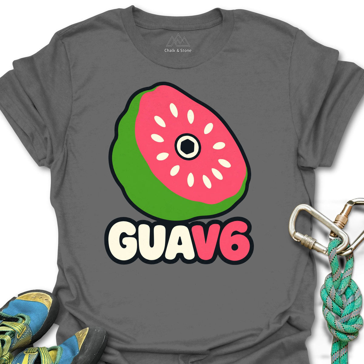 GUAV6 Guava Hold Tee in Charcoal — flat lay mockup