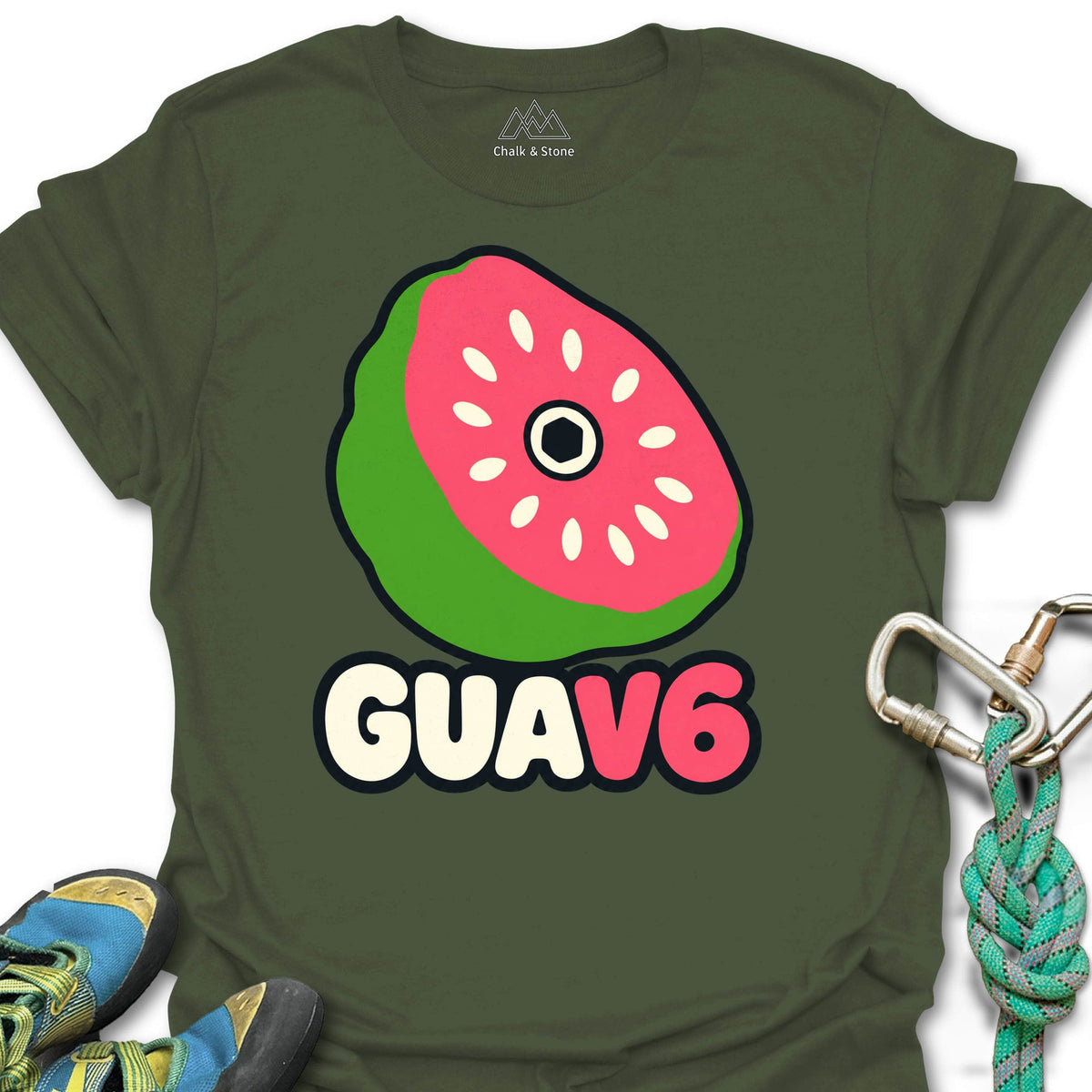 GUAV6 Guava Hold Tee in Military Green — flat lay mockup