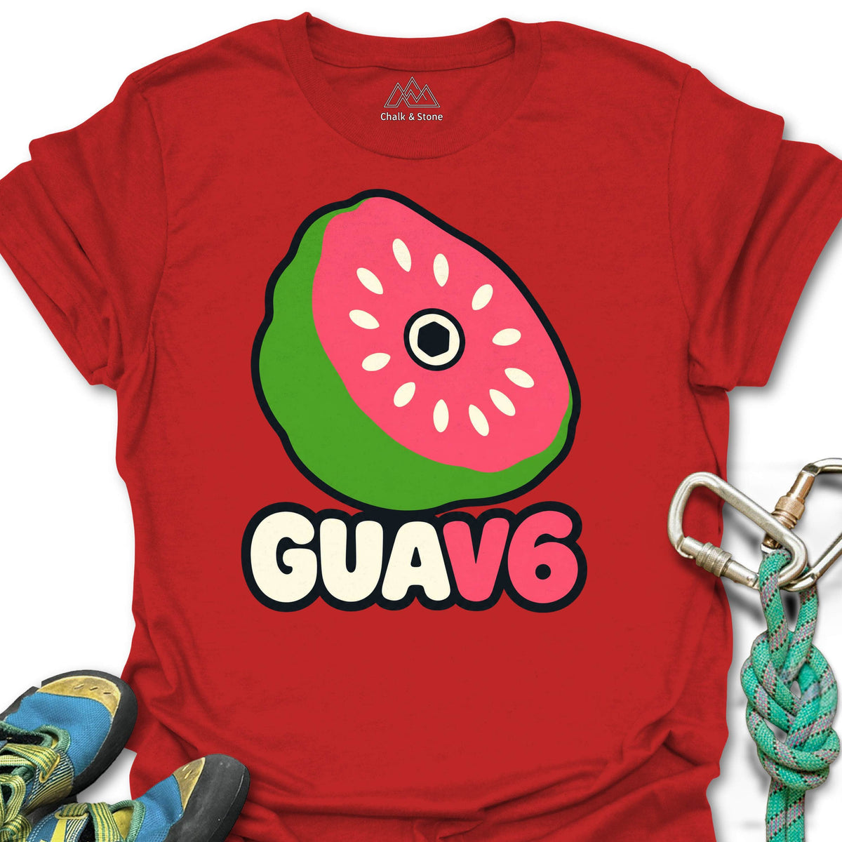 GUAV6 Guava Hold Tee in Red — flat lay mockup